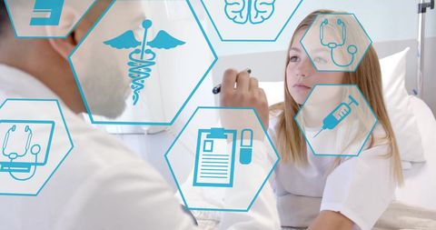 Doctor Examining Young Girl in Hospital with Medical Interface