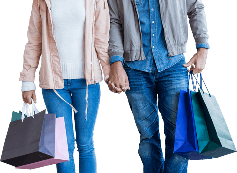 Joyful couple shopping with colorful bags and transparent background