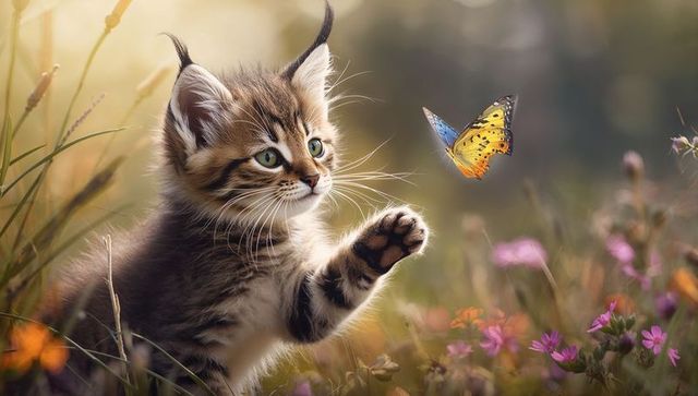 Curious Tabby Kitten Reaching for Orange-Blue Butterfly in Wildflower Meadow at Golden Sunset
