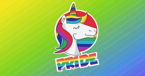 Colorful Unicorn with Pride Text on Rainbow Background