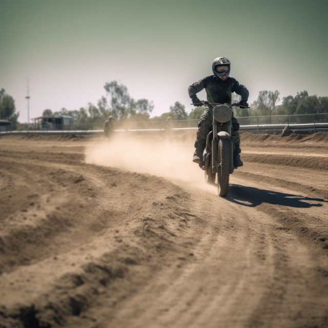 Man riding racing bike on dirt track, created using generative ai technology. Dirt track, racing and sports concept digitally generated image.