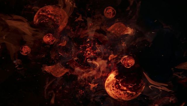 Molten spheres swirling around fiery core in deep space void