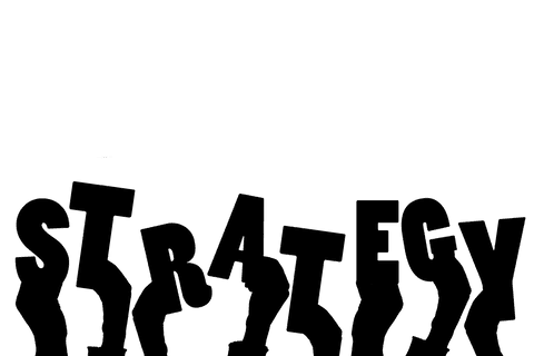 Transparent silhouette of hands spelling strategy message