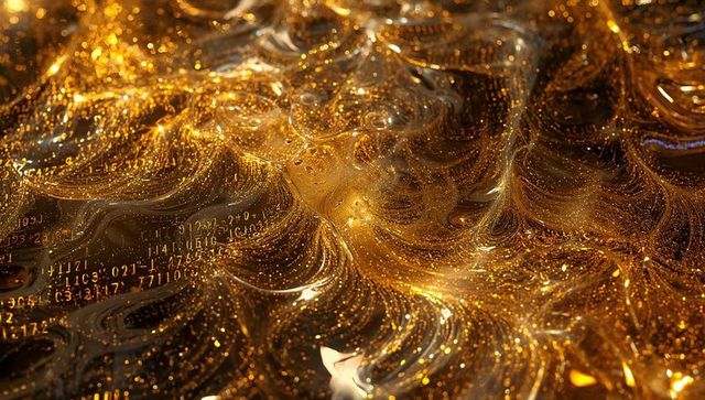 Flowing golden liquid macro abstract texture with glowing particles and alphanumeric code