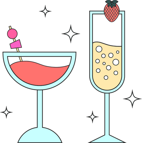 Stylized transparent cocktail glasses with skewer and strawberry