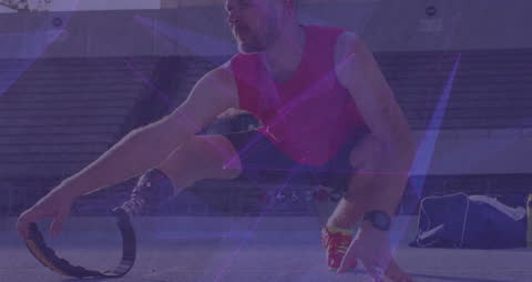 Paralympic Runner with Blade Prosthesis Stretching before Training