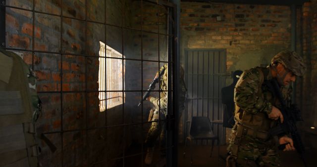 Special forces in tactical gear navigating through an abandoned prison cell. One soldier is moving towards a barred window, while another keeps watch with a weapon. This scene depicts high-stakes rescue missions, military operations, and law enforcement scenarios. Ideal for articles or stories on military strategies, counter-terrorism activities, or dramatic action scenes in media productions.