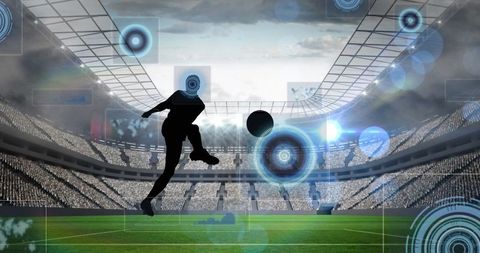 Futuristic Soccer Player Kicking Ball in Digital Arena