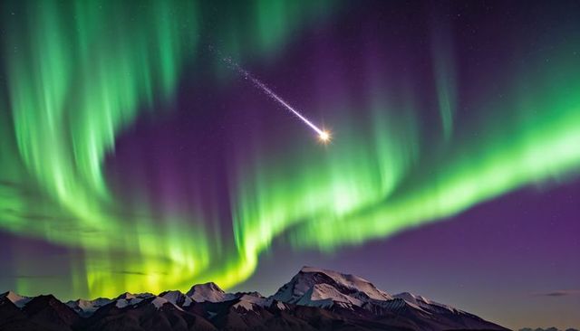 Aurora borealis dancing over snow-capped peaks with meteor streaking night sky