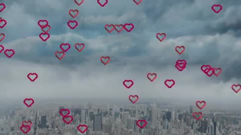 Heart-Shaped Animation in Urban Skyline with Cloudy Sky