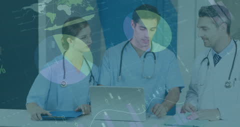 Healthcare Professionals Analyzing Data on Laptop with Global Overlay