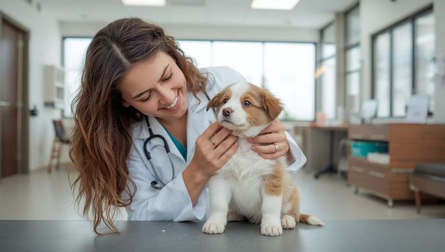 Veterinarian examining adorable puppy in veterinary clinic