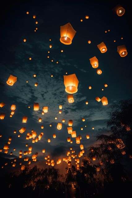 Multiple lighted chinese lanterns over sky and trees created using generative ai technology. Chinese tradition, celebration and light concept digitally generated image.