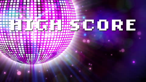 Retro Disco Ball with High Score Pixel Text Art
