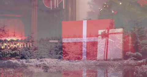 Christmas Presents Overlaid with Snowy Forest Scene
