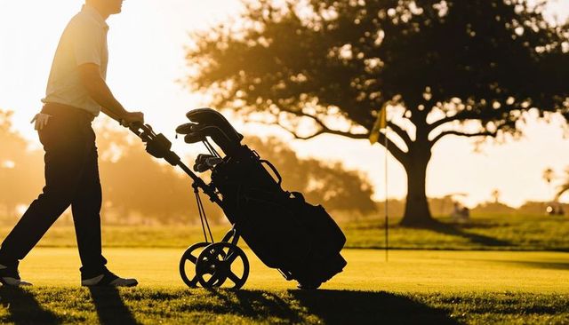 Golfer pushing pushcart at golden hour on lush green silhouette walking with clubs