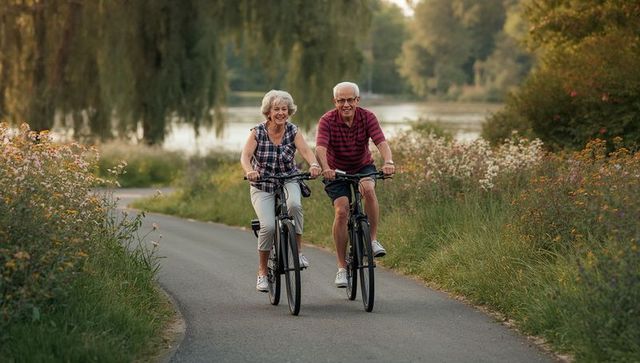 Senior couple pedaling lakeside path at golden hour smiling while cycling together