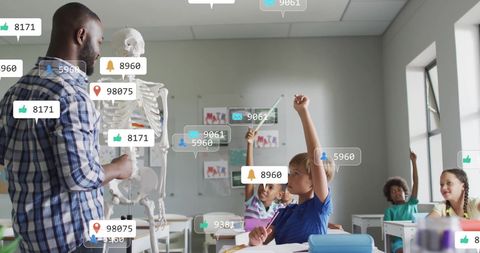 Diverse classroom learning with technology icons display