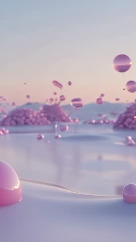 Hovering pink spheres drifting across glossy pastel plane forming liquid pools | Vertical video loop