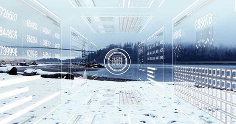 Snowy Lakeshore with Holographic HUD Data Overlay, Futuristic Winter Interface