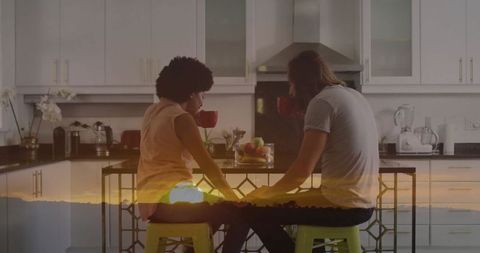 Cozy morning conversation at home kitchen