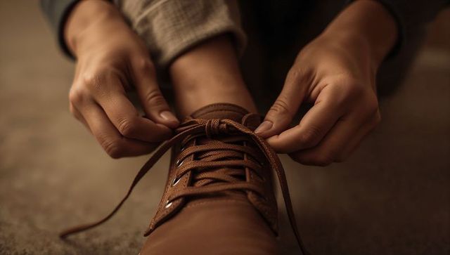Tying brown leather boot laces closeup hands pulling laces through metal eyelets