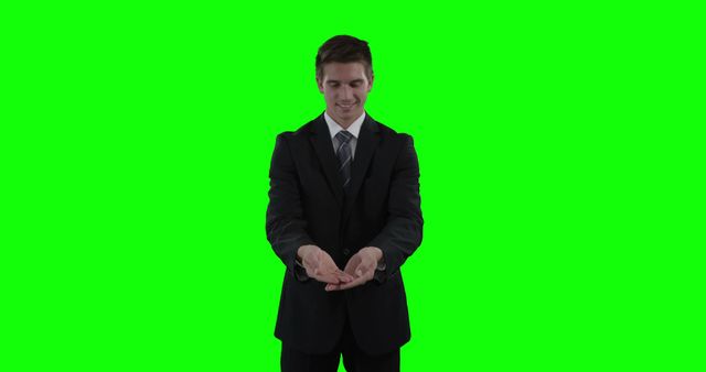 Businessman in Suit Holding Empty Hands on Green Screen - Download Free Stock Images Pikwizard.com