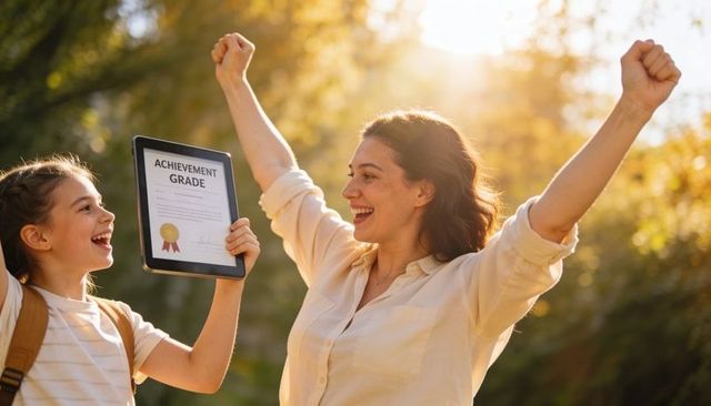 Mother and daughter celebrating achievement grade on tablet in sunlit park golden hour joy