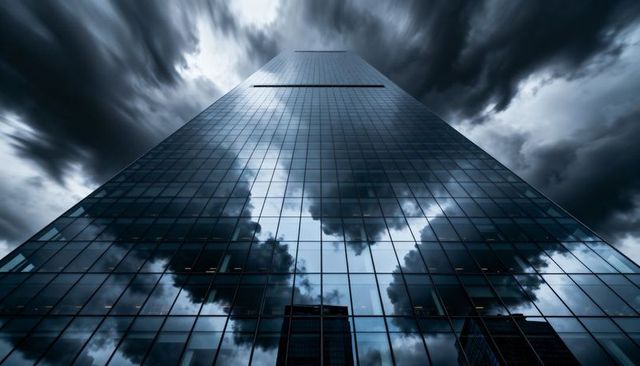 Glass Skyscraper Rising and Reflecting Storm Clouds from Dramatic Low-Angle Perspective