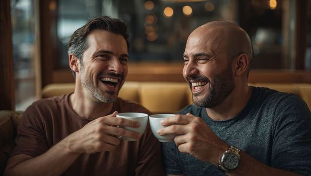 Two men laughing and clinking coffee cups in cozy cafe booth, celebrating friendship