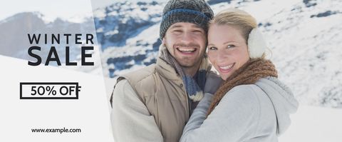 Cheerful couple bundled up in winter clothing against a beautiful snowy landscape, creating a lively visual for winter themed promotions. Ideal for marketing campaigns related to winter apparel, the template is adaptable for travel advertisements or holiday event announcements, conveying warmth and inviting customers to take advantage of seasonal discounts.