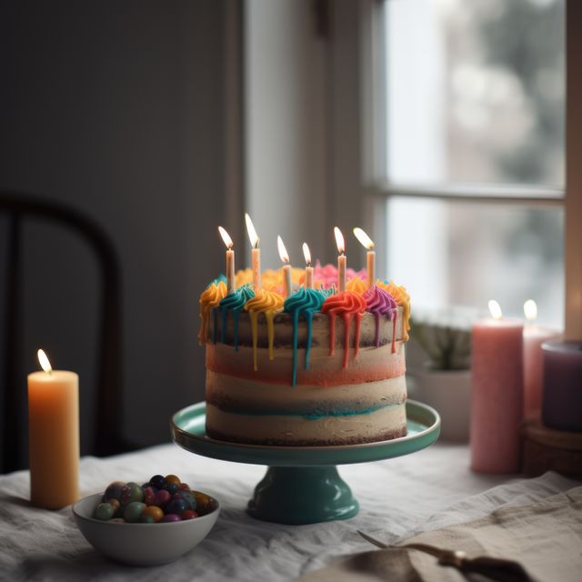 Colorful Birthday Cake with Candles in Cozy Home Setting - Download Free Stock Images Pikwizard.com