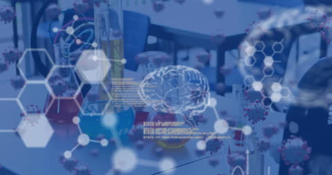 Futuristic Laboratory with Digital Data Overlay on Glassware