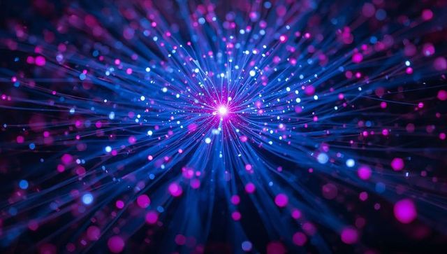 Neon fiber burst radiating magenta core with cyan bokeh futuristic digital energy