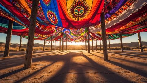 Vibrant fabric canopies with geometric patterns over desert sand