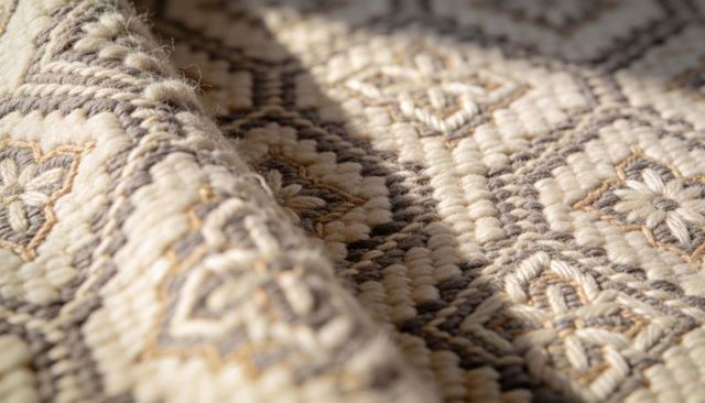 Sunlit handwoven wool rug close-up showing raised tufting and geometric diamond texture