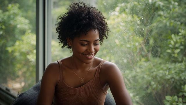 Smiling woman sitting by rain-speckled window wearing brown ribbed tank top and pendant