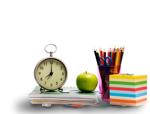 Transparent school supplies and clock illustration
