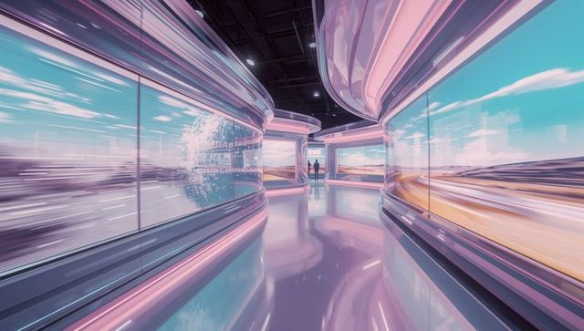 Futuristic Showroom Corridor with Digital Displays and Colleagues Walking