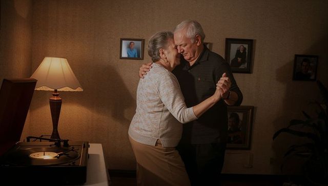 Senior couple dancing, embracing at home, vintage record fond memories