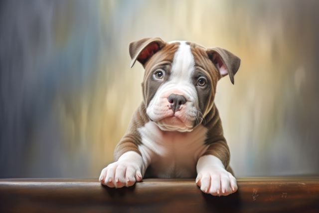 Portrait of brown and white pitbull puppy resting on wood, created using generative ai technology. Animal, dog and pet concept digitally generated image.