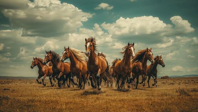 Herd of wild horses galloping on open plain under cloudy sky