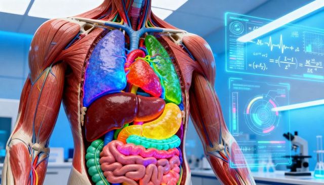 Displaying anatomical torso model showing muscles and colorful organs with holographic hud