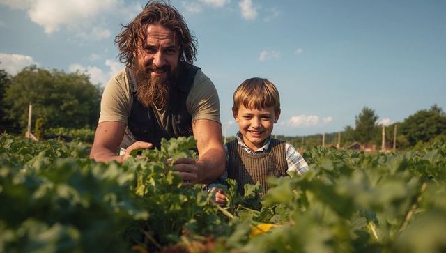 Bearded father harvesting with young son in lush vegetable field smiling family gardening