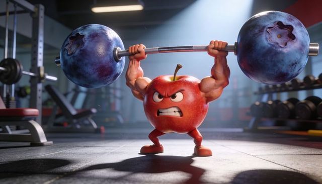 Angry apple lifting huge blueberry barbell in gym spotlight cartoon strong fruit workout