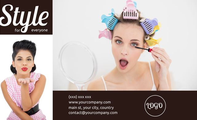 Beauty Salon Ad with Woman Applying Makeup and Hair Rollers - Download Free Stock Templates Pikwizard.com