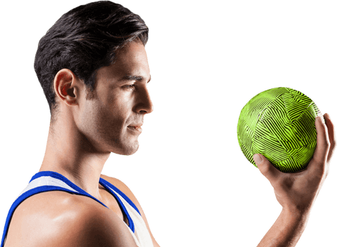Confident Male Athlete Holding Vibrant Green Ball, Transparent Background