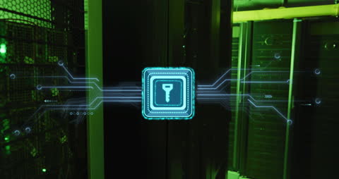 Digital Key Icon with Futuristic Interface in Server Room