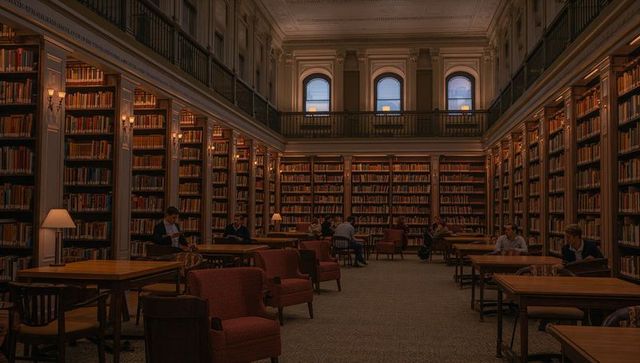 Historic university library with students studying among towering bookshelves and warm lamps