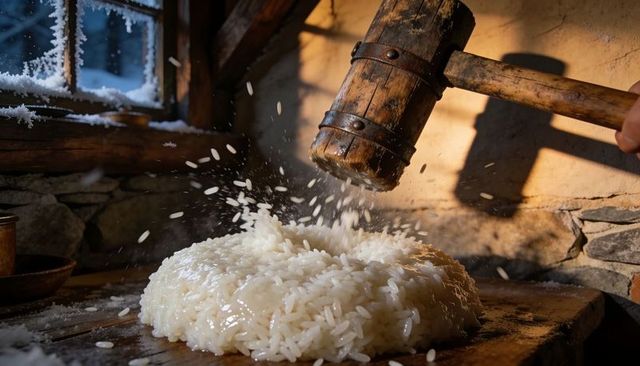 Pounding mochi on wooden bench in frosty cabin with rustic mallet and snowy window view